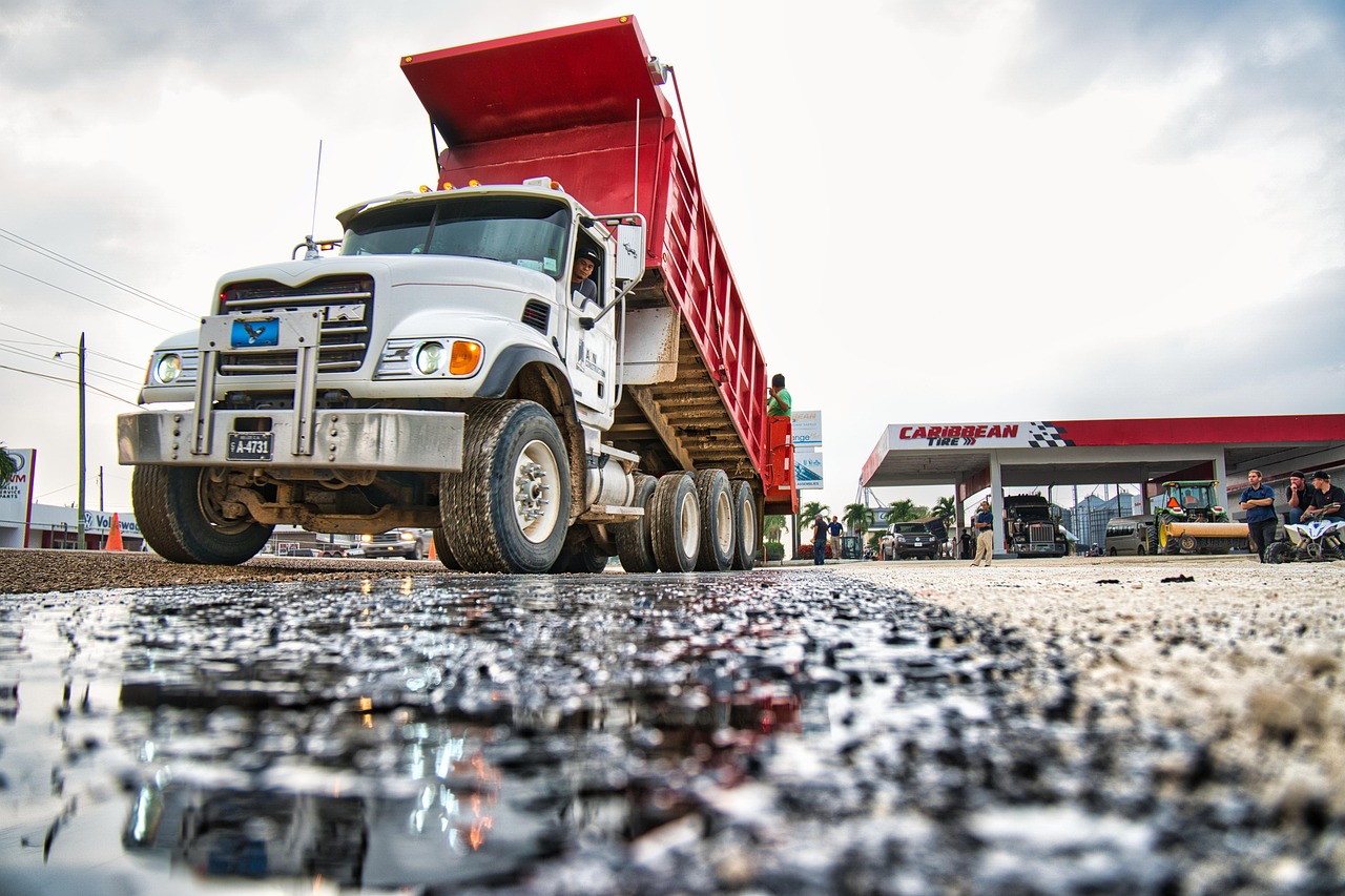 work, pavement, paving, tar, hot, set, truck, mack, dump, spanish lookout